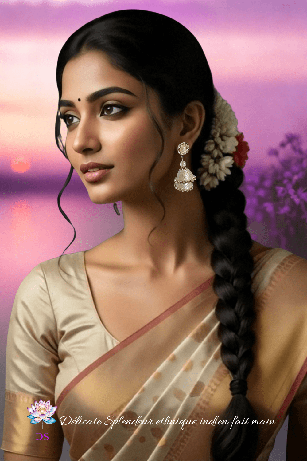 Remarquable boucle d'oreille argentée indienne, portée, dans la douceur d'une aube violette.